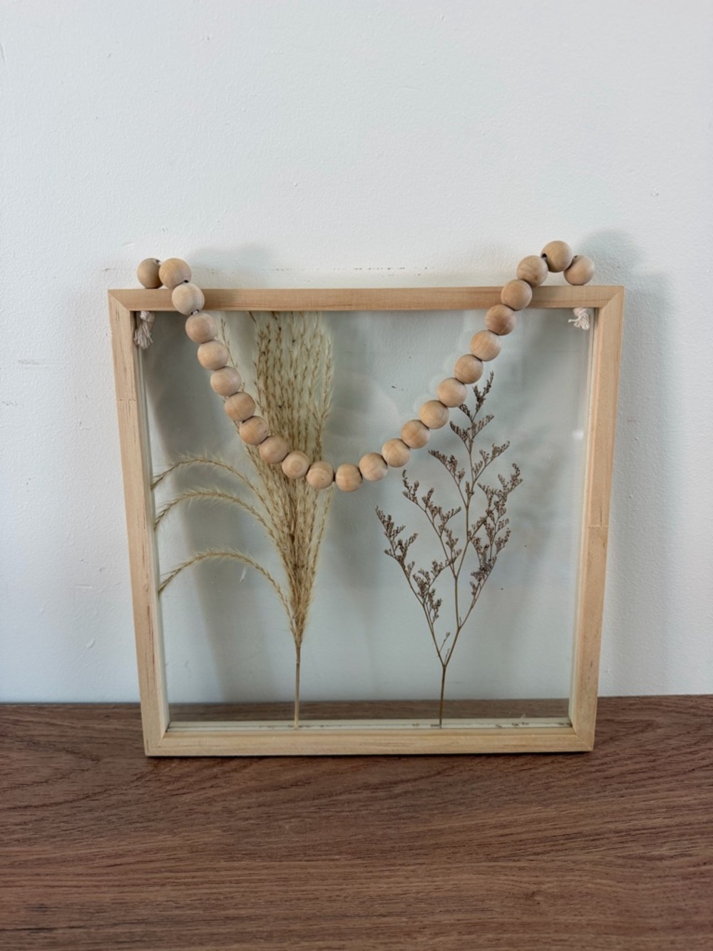 Wooden Frame Shadow Box with Dried Botanicals and Bead Garland - Natural